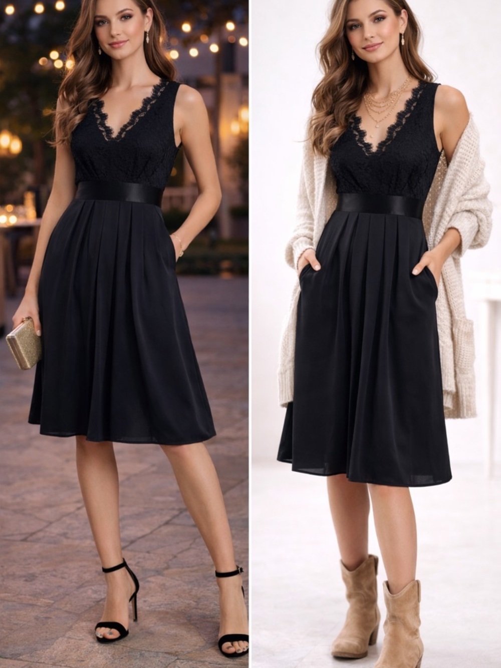 Banana Republic Black Silk Blend Lace Dress A-Line Pleated V-Neck Classic Sz 6
